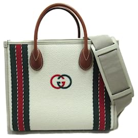 Gucci-Sac fourre-tout en cuir et coton Gucci 2Way-Marron,Blanc