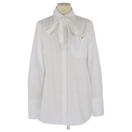 Valentino-Chemise à manches longues Valentino avec logo V blanc et détails en nœud-Blanc