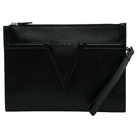 Black Versace V Logo Leather Clutch Black