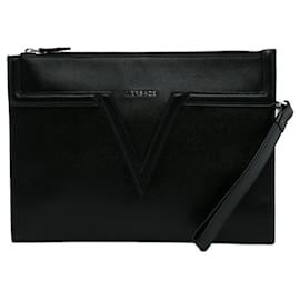 Versace-Clutch de couro preto com logo V da Versace-Preto