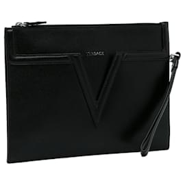 Versace-Clutch de couro preto com logo V da Versace-Preto