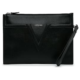 Versace-Clutch de couro preto com logo V da Versace-Preto