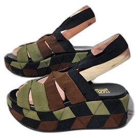 SALVATORE FERRAGAMO Colorblock Pattern Slingback Sandals Green/Brown/Black Size 9 Green