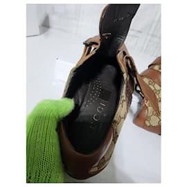 Gucci-Gucci Leather And GG Canvas Velcro Sneakers Size 40 Brown/Beige-Brown,Beige