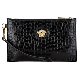Versace-Versace Medusa Croc Embossed Leather Clutch Bag-Black