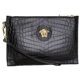 Versace-Versace Medusa Croc Embossed Leather Clutch Bag-Black