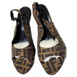 Fendi-Fendi Canvas Slingback Peep Toe Sandals Brown/Beige Size 39-Brown