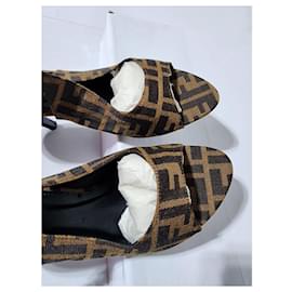 Fendi-Fendi Canvas Slingback Peep Toe Sandals Brown/Beige Size 39-Brown