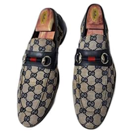 Gucci-Gucci VGG Canvas And Leather Horsebit Web Slip On Loafers Size 40-Beige