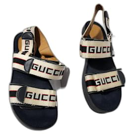 Gucci-Gucci Stripe Logo Sandals Cream/Black Size 34-Black