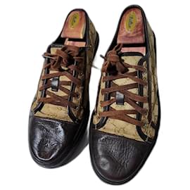 Gucci-Gucci Leather And Monogram Canvas Lace Up Sneakers Brown/Beige Size 7.5-Brown