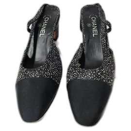 CHANEL Slingback Tweed Grosgrain Sequined Pumps Black Size 40.5 Black