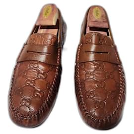 Gucci-Gucci Cognac Leather Upper Geometric Loafers Brown Size 5.5-Brown