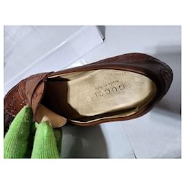 Gucci-Gucci Cognac Leather Upper Geometric Loafers Brown Size 5.5-Brown