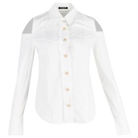 Balmain Cold Shoulder Buttoned Shirt in White Cotton White Cream