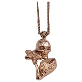 Alexander Mcqueen-Alexander McQueen Skull With Flower Pendant Necklace in Pink Rose Gold-Brown,Pink