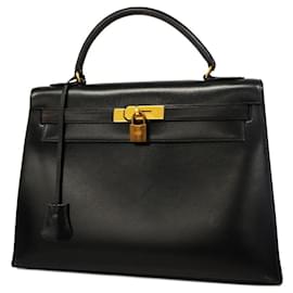 Hermès-Sac à main Hermes Kelly 32 en cuir de veau noir-Noir