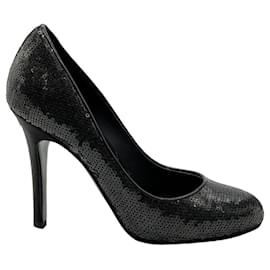 Chanel-Chanel Black Sequined Pumps With Logo Heel-Black