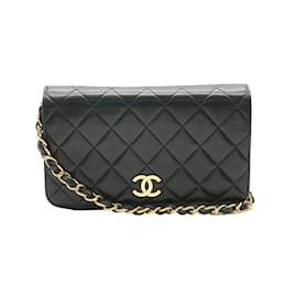 Chanel-Chanel Vintage Noir Matelassé En Cuir D'Agneau Portefeuille À Chaîne-Noir