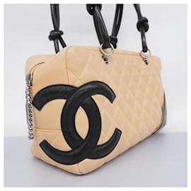 Chanel-Sac à épaule en cuir d'agneau Chanel Cambon-Noir,Beige