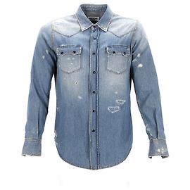 Saint Laurent Distressed Denim-Hemd aus blauer Baumwolle Blau