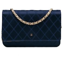 Chanel-Chanel Blue Satin Diamond Stitch Wallet On Chain-Blue,Navy blue