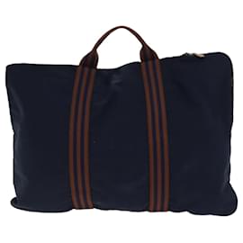 Hermès-HERMES Sac Fourre Tout en Toile Marine Marron Auth 80918-Marron,Bleu Marine