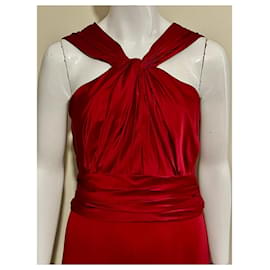 Vera Wang-Vestido de noche rojo drapeado de satén y jersey-Roja