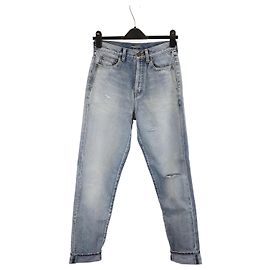 Saint Laurent Distressed Faded High-Rise Jeans in Blue Cotton Denim Blue Light blue