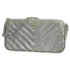 Chanel-Chanel Gray Shoulder Wallet V-Stitch Chain-Brown