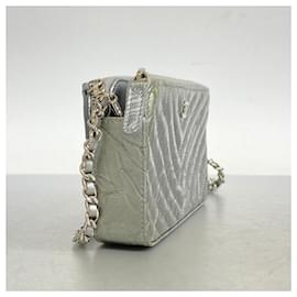 Chanel-Chanel Gray Shoulder Wallet V-Stitch Chain-Brown