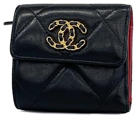 Chanel-Portefeuille pliant Chanel en cuir d'agneau noir-Noir