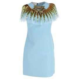 Gucci-Gucci Embellished Neck Dress Mini Dress in Blue Viscose-Blue,Light blue
