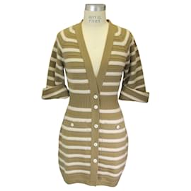 Chanel-Chanel Tan / Ivory Striped Button-down Cashmere Knit Sweater Dress-Camel