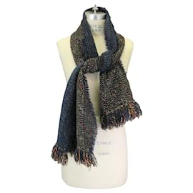 Chanel-Chanel Blue Multi Fringed Wool Tweed Knit Scarf-Blue