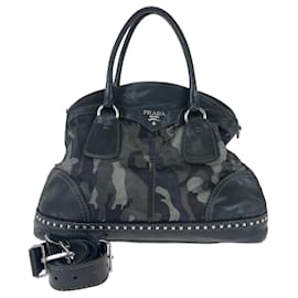 Prada-Prada Nylon Leather Camouflage Studded Handbag-Black