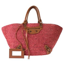 Balenciaga Pink Brown Straw Leather Tote Bag Pink
