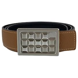 Hermès-Hermes Studded Buckle Belt Gold Brown Silver-Golden