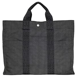 Hermès-Hermes MM Grey Air Line Canvas Tote Bag-Brown