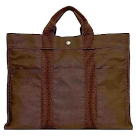 Hermès-Hermes MM Brown Air Line Canvas Tote Bag-Brown