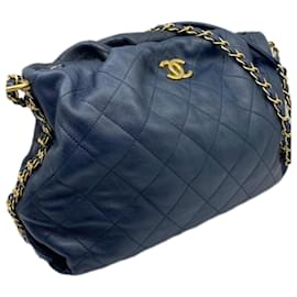 Chanel-Bolsa de ombro de couro com corrente Chanel-Preto,Azul marinho