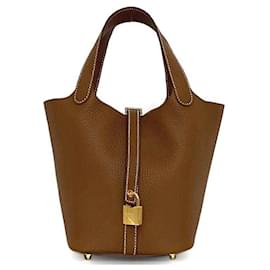 Hermès-Bolsa Hermes Picotin Lock PM-Marrom,Dourado