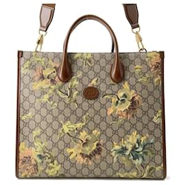 Gucci-Gucci GG Supreme Interlocking G Flower Print Tote Bag-Brown,Beige