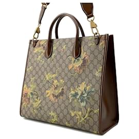 Gucci-Gucci GG Supreme Interlocking G Flower Print Tote Bag-Brown,Beige