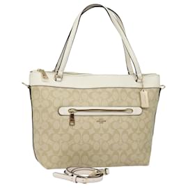 Coach-Coach Signature Tote Bag PVC Leather 2way Beige White Auth am6455-White,Beige