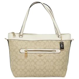 Coach-Coach Signature Tote Bag PVC Leather 2way Beige White Auth am6455-White,Beige