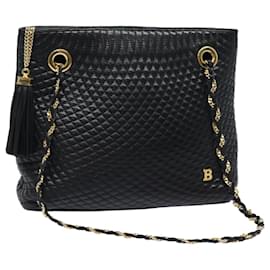 Bally-BALLY Quilted Chain Shoulder Bag Leather Black Auth kk278-Black