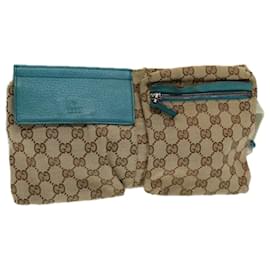 Gucci-GUCCI GG Canvas Sherry Line Waist bag Beige Emerald Green 28566 0959 Auth 83220-Other