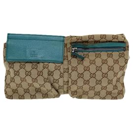 Gucci-GUCCI GG Canvas Sherry Line Waist bag Beige Emerald Green 28566 0959 Auth 83220-Other