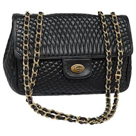 Bally-BALLY Quilted Chain Shoulder Bag Leather Black Auth kk268-Black